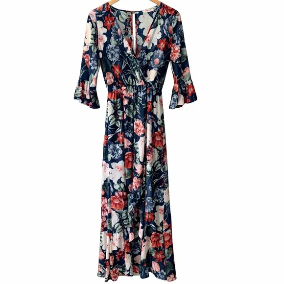 Floral Flounce Sleeve Boho Chic Maxi Faux Wrap Dress Cottagecore Coastal Small - Picture 2 of 11